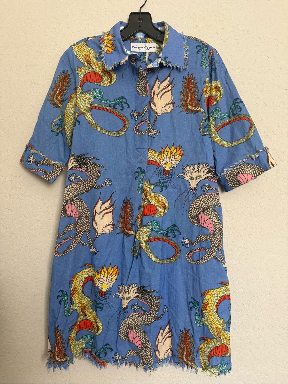 NWT Dizzy Lizzie French Blue Dragon Print Chatham Dress XS Cotton Linen Whimsy